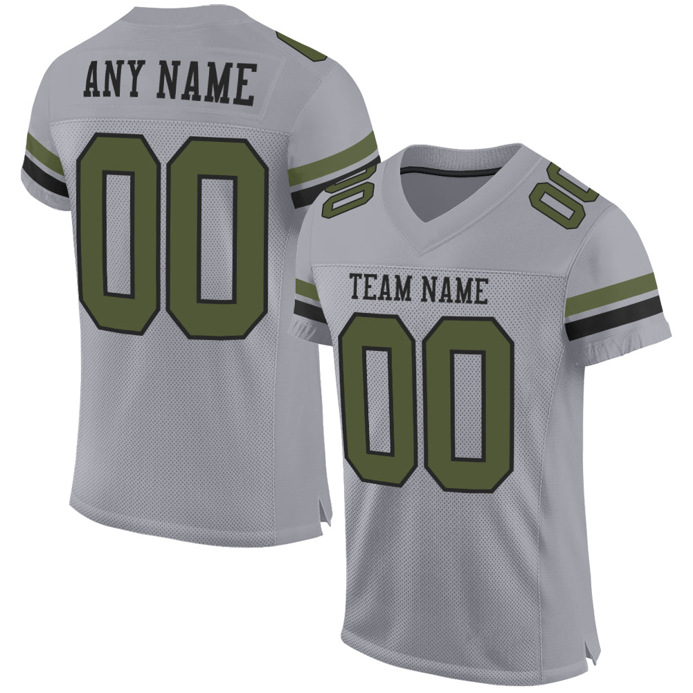 Custom Name and Number Personalized Football Jersey in Gray Olive-Black Mesh - Authentic Team Gear Personalized Gray Olive-Black