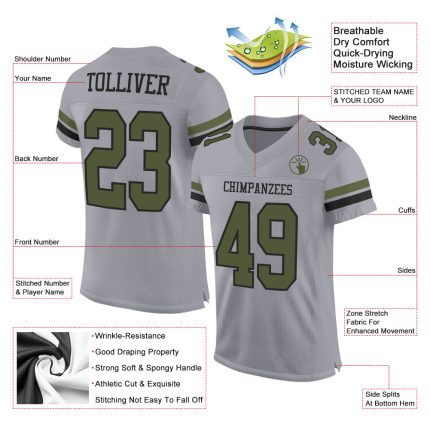 Custom Name and Number Personalized Football Jersey in Gray Olive-Black Mesh - Authentic Team Gear Personalized Gray Olive-Black