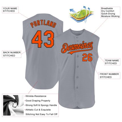 Personalized Gray Orange Black Baseball Jersey - Authentic Sleeveless Design Personalized Gray Orange-Black Authentic Sleeveless
