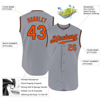 Custom Authentic Sleeveless Baseball Jersey, Personalized Gray and Orange-Black Design with Name and Number Personalized