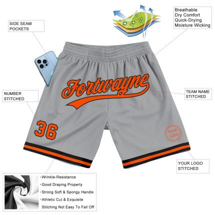 Custom Team Name Number Basketball Shorts - Personalized Gray Orange Black Authentic Throwback Design Personalized Gray Orange-Black