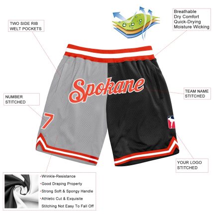 Custom Name & Number Personalized Basketball Shorts - Gray Orange Black Authentic Throwback Split Style Personalized Gray