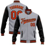 Custom Team Name Number Two Tone Bomber Jacket Gray Orange Black Full-Snap Varsity Letterman Personalized Gray Orange-Black