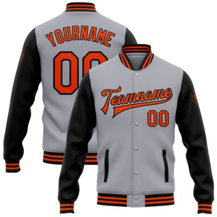Custom Team Name Number Two Tone Bomber Jacket Gray Orange Black Full-Snap Varsity Letterman Personalized Gray Orange-Black