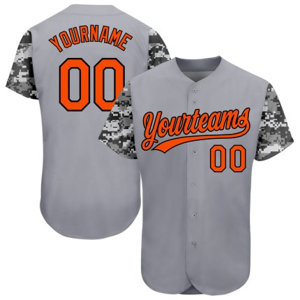 Custom Name and Number Authentic Baseball Jersey with Personalized 3D Gray Orange Black Camo Pattern Personalized Gray Orange