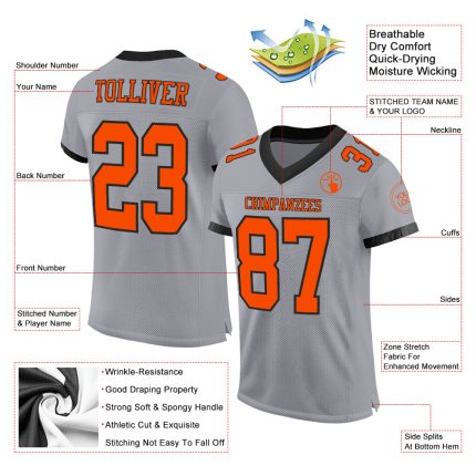 Custom Gray Black Orange Mesh Football Jersey Authentic Personalized Gray Orange-Black Mesh Authentic Football Jersey