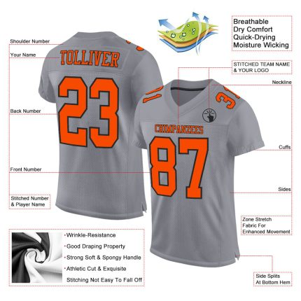 Custom Personalized Football Jersey - Authentic Gray Orange-Black Mesh with Custom Name & Number Personalized Gray Orange-Black