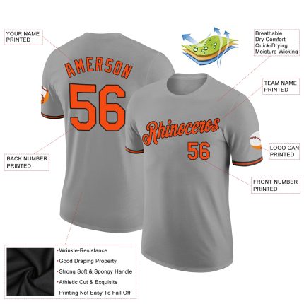 Custom Team Performance T-Shirt with Personalized Name and Number, Gray Orange Black Color Personalized Gray Orange-Black