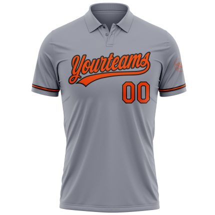 Custom Personalized Golf Polo Shirt with Team Name and Number - Gray Orange-Black Performance Vapor Personalized Gray Orange-Black