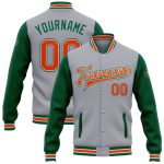 Custom Two-Tone Gray Orange-Kelly Green Bomber Varsity Letterman Jacket with Personalized Name and Number Personalized Gray