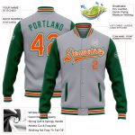 Custom Two-Tone Gray Orange-Kelly Green Bomber Varsity Letterman Jacket with Personalized Name and Number Personalized Gray