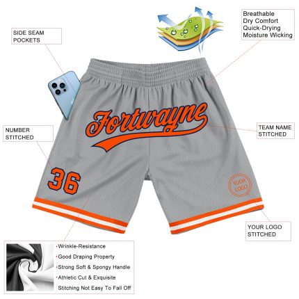Custom Personalized Basketball Shorts with Name and Number - Gray, Orange, Navy Authentic Throwback Design Personalized Gray