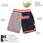 Custom Basketball Shorts with Team Name and Number - Personalized Gray Orange-Navy Authentic Throwback Split Design Personalized