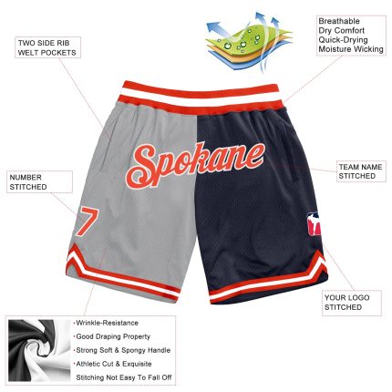 Custom Basketball Shorts with Team Name and Number - Personalized Gray Orange-Navy Authentic Throwback Split Design Personalized