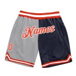 Custom Basketball Shorts with Team Name and Number - Personalized Gray Orange-Navy Authentic Throwback Split Design Personalized