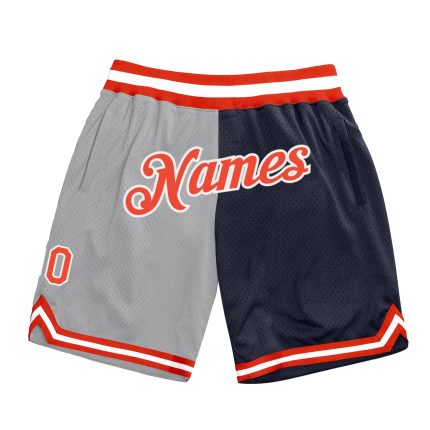 Custom Basketball Shorts with Team Name and Number - Personalized Gray Orange-Navy Authentic Throwback Split Design Personalized