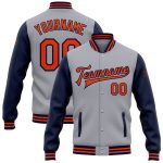 Custom Team Name and Number Gray Orange-Navy Bomber Varsity Jacket Full-Snap Two Tone Personalized Gray Orange-Navy Bomber