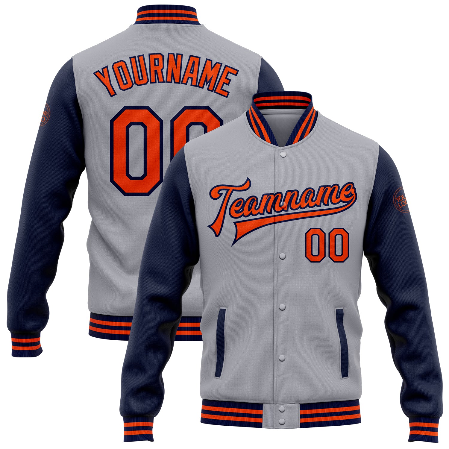 Custom Team Name and Number Gray Orange-Navy Bomber Varsity Jacket Full-Snap Two Tone Personalized Gray Orange-Navy Bomber