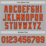 Custom Team Name and Number Gray Orange-Navy Bomber Varsity Jacket Full-Snap Two Tone Personalized Gray Orange-Navy Bomber