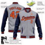 Custom Team Name and Number Gray Orange-Navy Bomber Varsity Jacket Full-Snap Two Tone Personalized Gray Orange-Navy Bomber