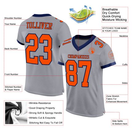 Custom Personalized Football Jersey - Gray Orange-Navy Mesh with Team Name and Number Personalized Gray Orange-Navy Mesh
