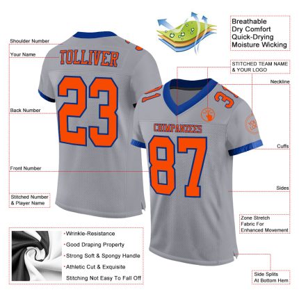Personalized Football Jersey - Gray Orange Navy Mesh Authentic Style Personalized Gray Orange-Navy Mesh Authentic Football