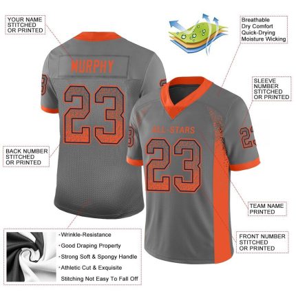 Customizable Gray Orange-Navy Mesh Football Jersey with Personalized Name and Number - Drift Fashion Team Apparel Personalized