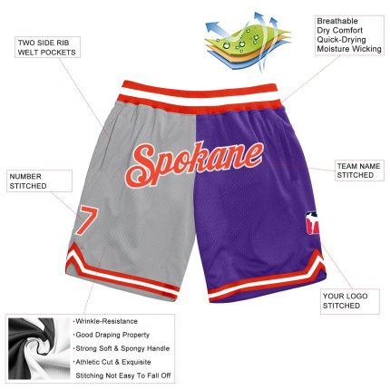 Custom Team Basketball Shorts with Name and Number - Authentic Gray Orange-Purple Split Fashion Design Personalized Gray