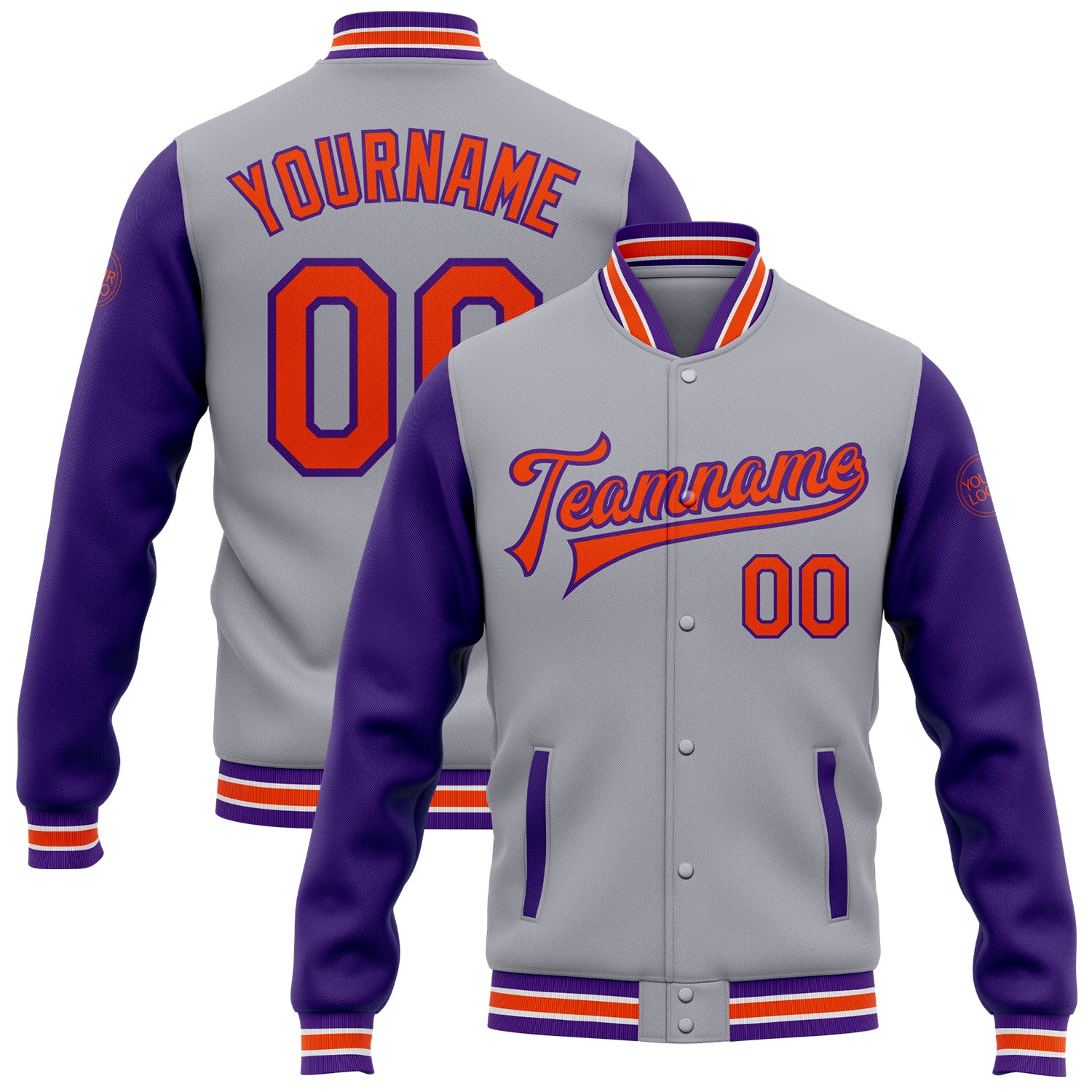 Custom Team Name and Number Gray Orange-Purple Bomber Varsity Letterman Jacket Full-Snap Two Tone Personalized Gray Orange-Purple