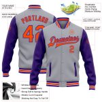 Custom Team Name and Number Gray Orange-Purple Bomber Varsity Letterman Jacket Full-Snap Two Tone Personalized Gray Orange-Purple