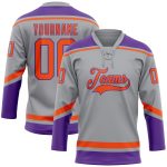 Custom Name and Number Hockey Jersey in Gray, Orange, and Purple - Personalized Lace Neck Team Apparel Personalized Gray
