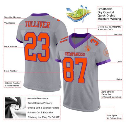 Custom Football Jersey with Personalized Name and Number - Gray Orange-Purple Mesh Authentic Team Apparel Personalized Gray