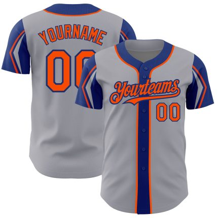 Custom Baseball Jersey with Personalized Name and Number in Gray, Orange, and Royal - Authentic 3 Color Arm Shapes Personalized