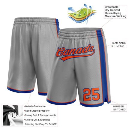 Custom Team Basketball Shorts with Personalized Name & Number - Gray Orange-Royal Authentic Design Personalized Gray Orange-Royal
