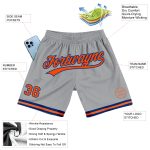 Custom gray, orange and royal throwback basketball shorts, back view
