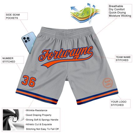 Personalized Throwback Basketball Shorts in Gray Orange-Royal - Perfect for Sports and Casual Wear Personalized Gray Orange-Royal