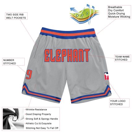 Custom Team Name Number Personalized Basketball Shorts Gray Orange-Royal Authentic Throwback Personalized Gray Orange-Royal