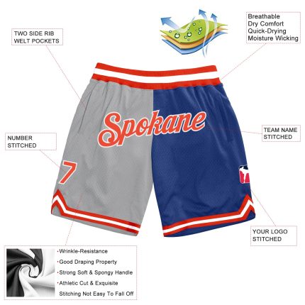 Custom Name and Number Basketball Shorts - Gray Orange-Royal Authentic Throwback Split Fashion Design Personalized Gray Orange-Royal