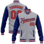 Custom Varsity Jacket with Name and Number - Gray Orange-Royal Bomber Full-Snap Two Tone Letterman Design Personalized Gray