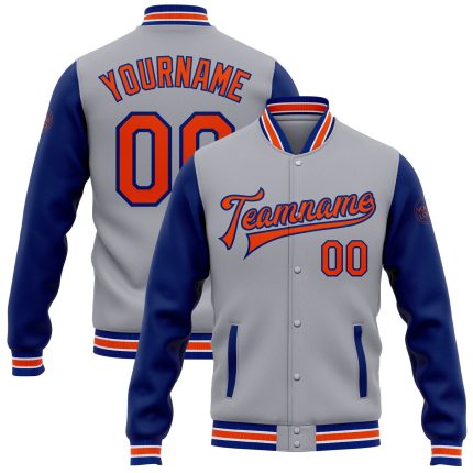 Custom Varsity Jacket with Name and Number - Gray Orange-Royal Bomber Full-Snap Two Tone Letterman Design Personalized Gray