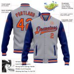 Custom Varsity Jacket with Name and Number - Gray Orange-Royal Bomber Full-Snap Two Tone Letterman Design Personalized Gray