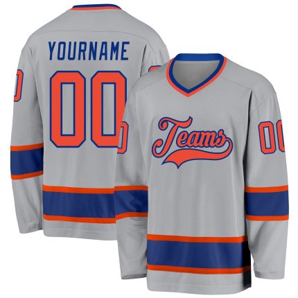Custom Name Number Hockey Jersey - Personalized Gray Orange-Royal Team Jersey Personalized Gray Orange-Royal Hockey Jersey