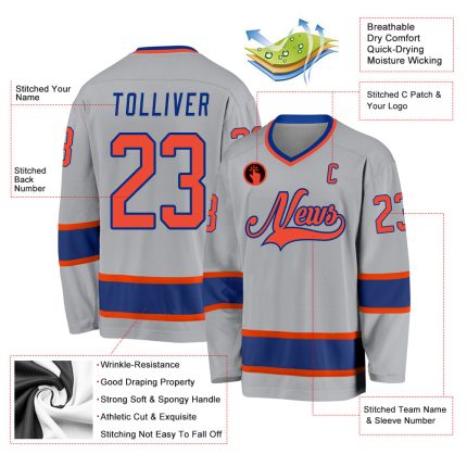Custom Name Number Hockey Jersey - Personalized Gray Orange-Royal Team Jersey Personalized Gray Orange-Royal Hockey Jersey