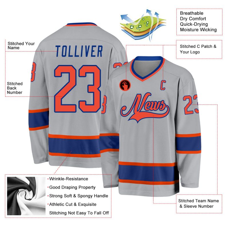 Custom Name Number Hockey Jersey - Personalized Gray Orange-Royal Team Jersey Personalized Gray Orange-Royal Hockey Jersey
