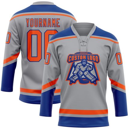 Custom Name and Number Personalized Hockey Jersey in Gray Orange-Royal Lace Neck Style Personalized Gray Orange-Royal Hockey
