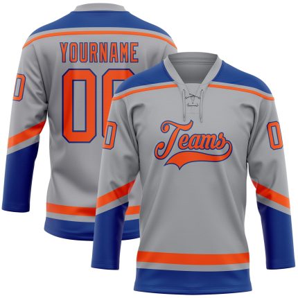 Custom Name and Number Personalized Hockey Jersey in Gray Orange-Royal Lace Neck Style Personalized Gray Orange-Royal Hockey