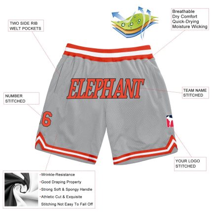 Custom Team Basketball Shorts with Name and Number - Gray Orange White Authentic Throwback Design Personalized Gray Orange-White