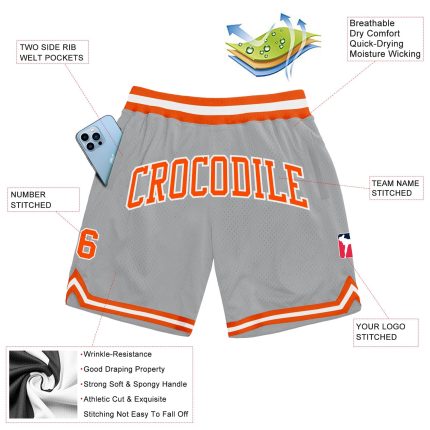 Personalized Basketball Shorts in Gray, Orange, and White - Authentic Throwback Style Personalized Gray Orange-White Authentic
