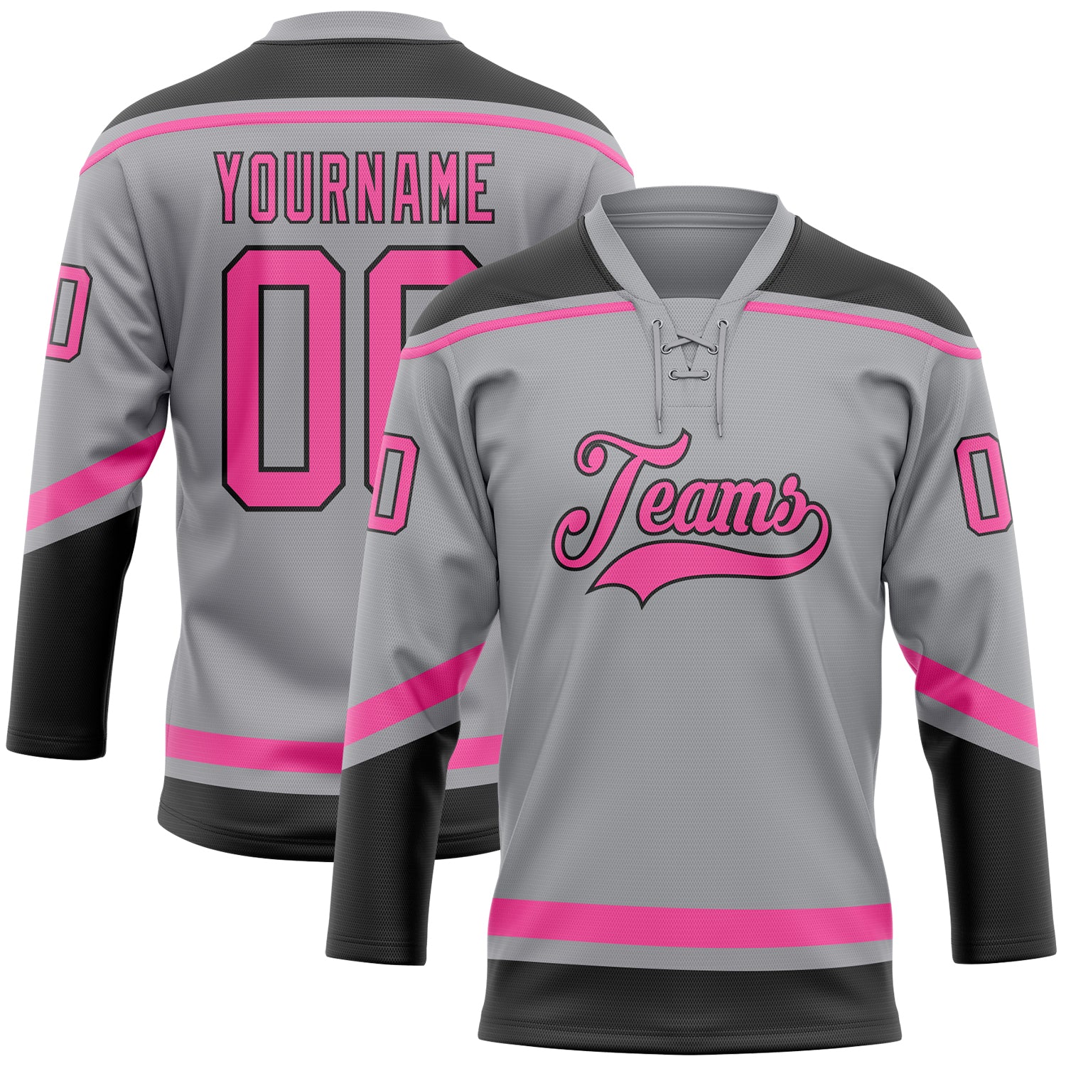 Custom Name and Number Personalized Hockey Jersey - Gray Pink Black Lace Neck Design Personalized Gray Pink-Black Hockey