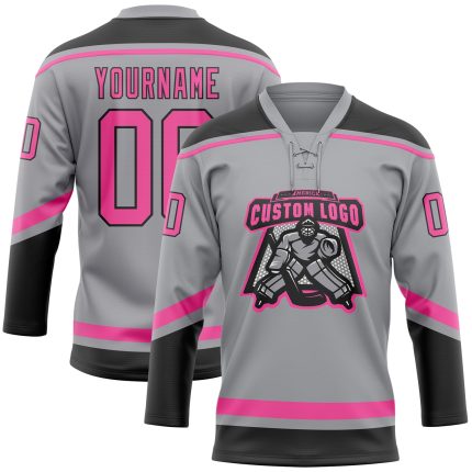 Custom Name and Number Personalized Hockey Jersey - Gray Pink Black Lace Neck Design Personalized Gray Pink-Black Hockey